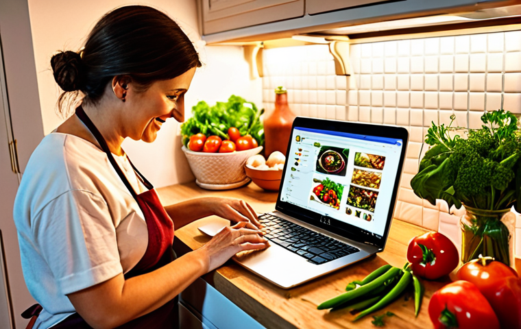 **
"A cozy Italian kitchen scene. A person is happily teaching an online vegan cooking class via a laptop. The kitchen is filled with fresh, colorful vegetables and herbs. Warm, inviting lighting."
**